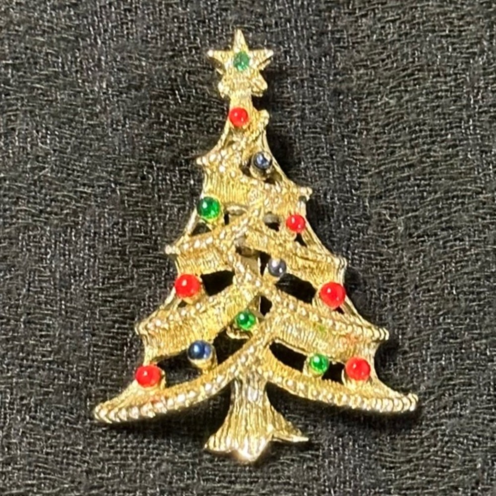 Vintage Gerry's‎ Christmas Tree Brooch Multicolor Cabochon Gold Tone Pin